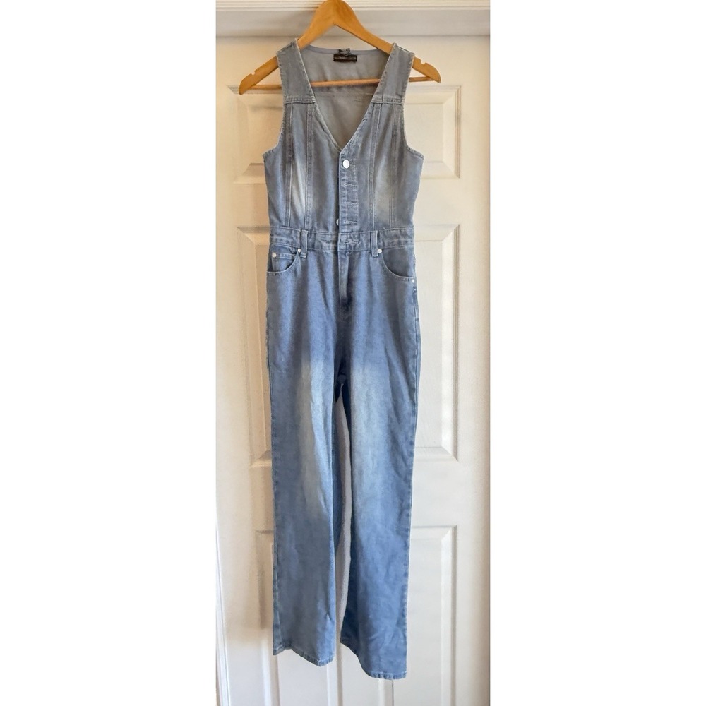 Sincerely Jules Jumpsuit Women S Blue Denim Sleeveless Wide Leg Button Front